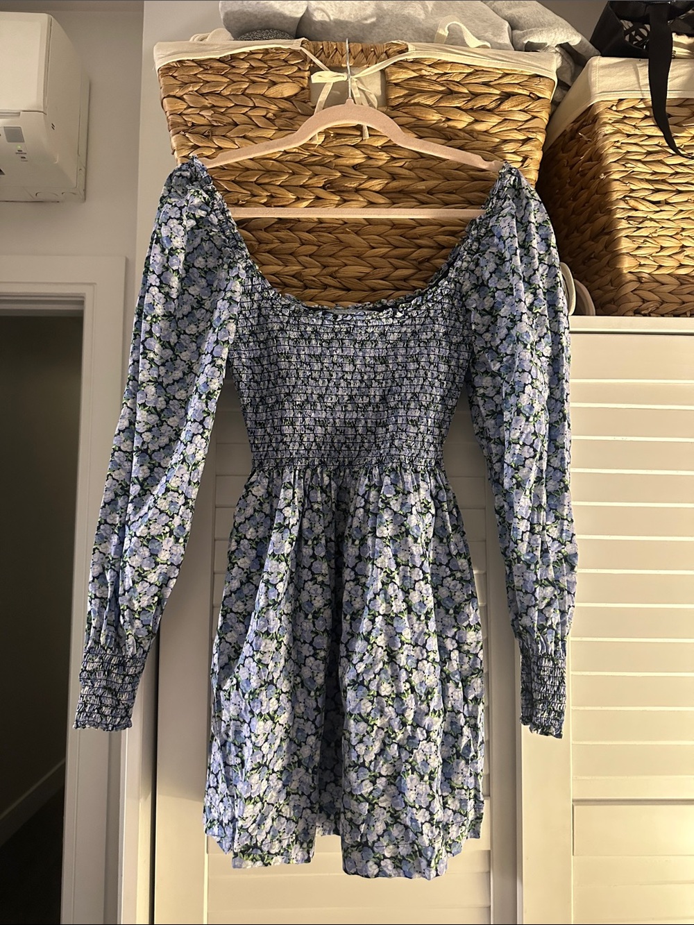 Hill House Smocked Blue Floral Long-Sleeve Mini Dress